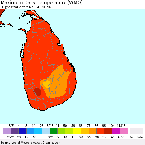 Sri Lanka Maximum Daily Temperature (WMO) Thematic Map For 3/24/2025 - 3/30/2025