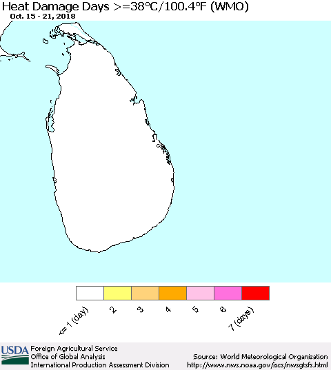 Sri Lanka Heat Damage Days >=38°C/100.4°F (WMO) Thematic Map For 10/15/2018 - 10/21/2018