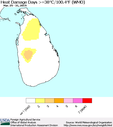 Sri Lanka Heat Damage Days >=38°C/100.4°F (WMO) Thematic Map For 3/25/2019 - 3/31/2019