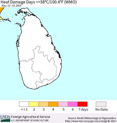 Sri Lanka Heat Damage Days >=38°C/100°F (WMO) Thematic Map For 5/13/2019 - 5/19/2019