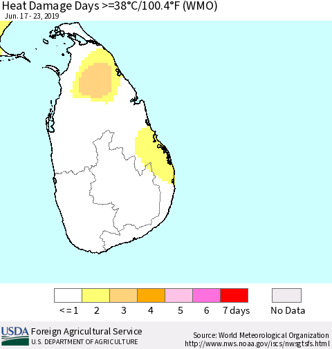 Sri Lanka Heat Damage Days >=38°C/100°F (WMO) Thematic Map For 6/17/2019 - 6/23/2019