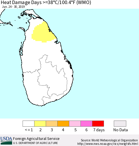 Sri Lanka Heat Damage Days >=38°C/100°F (WMO) Thematic Map For 6/24/2019 - 6/30/2019