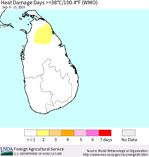 Sri Lanka Heat Damage Days >=38°C/100°F (WMO) Thematic Map For 9/9/2019 - 9/15/2019