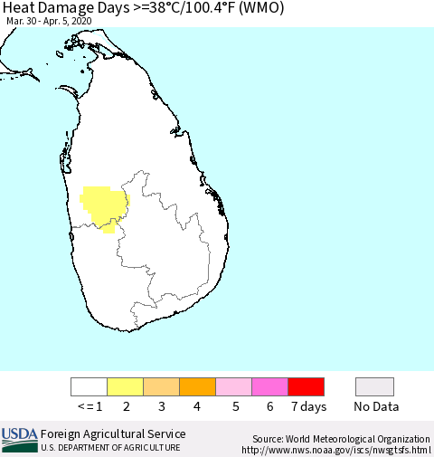 Sri Lanka Heat Damage Days >=38°C/100.4°F (WMO) Thematic Map For 3/30/2020 - 4/5/2020