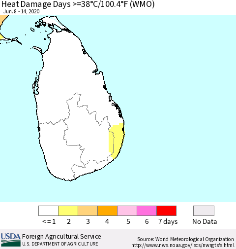 Sri Lanka Heat Damage Days >=38°C/100°F (WMO) Thematic Map For 6/8/2020 - 6/14/2020