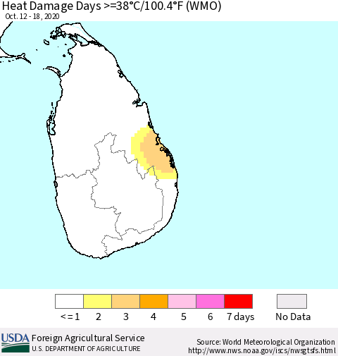 Sri Lanka Heat Damage Days >=38°C/100.4°F (WMO) Thematic Map For 10/12/2020 - 10/18/2020