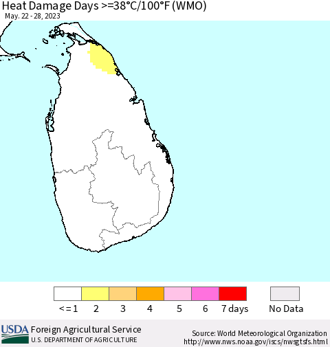Sri Lanka Heat Damage Days >=38°C/100°F (WMO) Thematic Map For 5/22/2023 - 5/28/2023