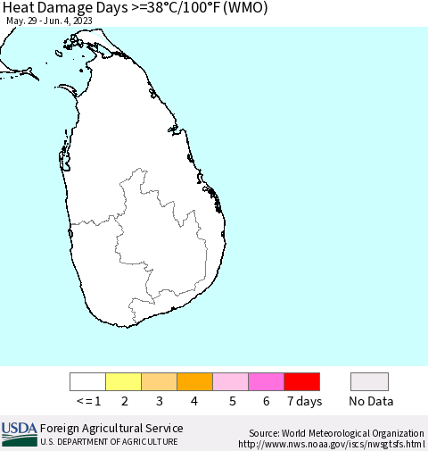 Sri Lanka Heat Damage Days >=38°C/100°F (WMO) Thematic Map For 5/29/2023 - 6/4/2023