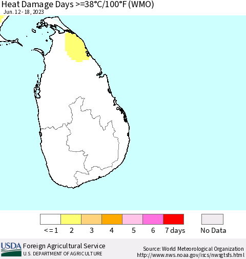 Sri Lanka Heat Damage Days >=38°C/100°F (WMO) Thematic Map For 6/12/2023 - 6/18/2023