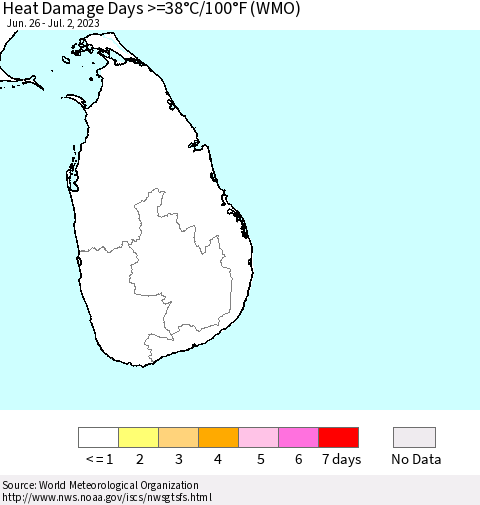 Sri Lanka Heat Damage Days >=38°C/100°F (WMO) Thematic Map For 6/26/2023 - 7/2/2023