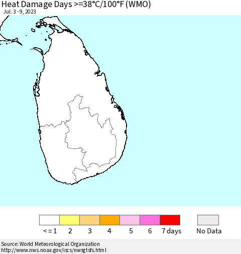 Sri Lanka Heat Damage Days >=38°C/100°F (WMO) Thematic Map For 7/3/2023 - 7/9/2023