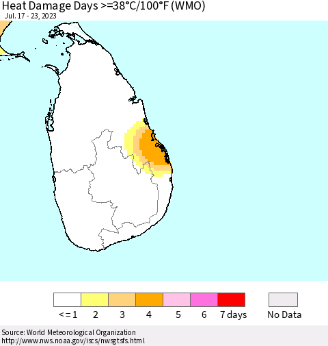 Sri Lanka Heat Damage Days >=38°C/100°F (WMO) Thematic Map For 7/17/2023 - 7/23/2023