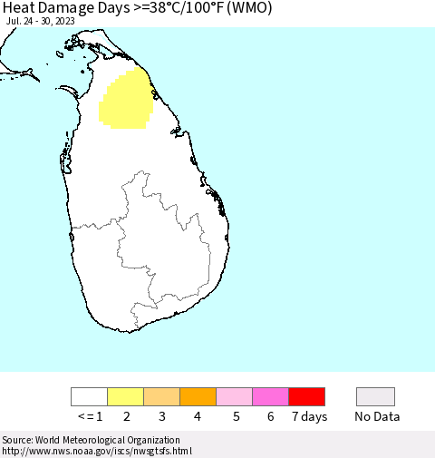 Sri Lanka Heat Damage Days >=38°C/100°F (WMO) Thematic Map For 7/24/2023 - 7/30/2023