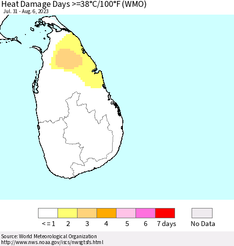 Sri Lanka Heat Damage Days >=38°C/100°F (WMO) Thematic Map For 7/31/2023 - 8/6/2023