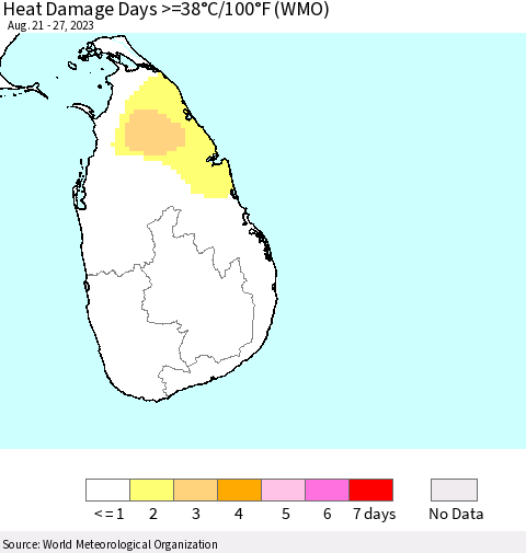 Sri Lanka Heat Damage Days >=38°C/100°F (WMO) Thematic Map For 8/21/2023 - 8/27/2023
