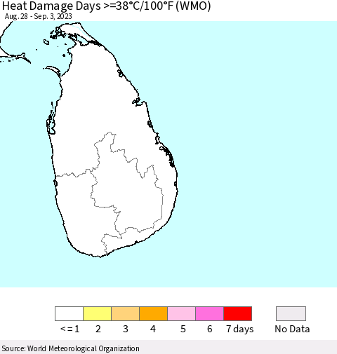 Sri Lanka Heat Damage Days >=38°C/100°F (WMO) Thematic Map For 8/28/2023 - 9/3/2023