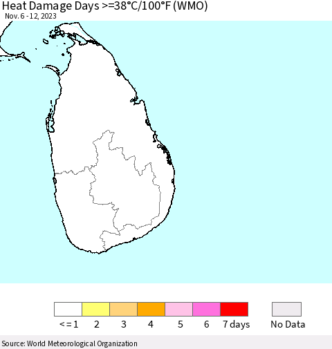 Sri Lanka Heat Damage Days >=38°C/100°F (WMO) Thematic Map For 11/6/2023 - 11/12/2023