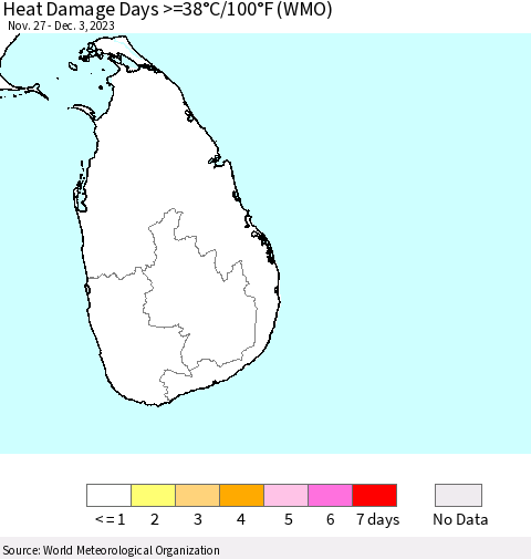 Sri Lanka Heat Damage Days >=38°C/100°F (WMO) Thematic Map For 11/27/2023 - 12/3/2023