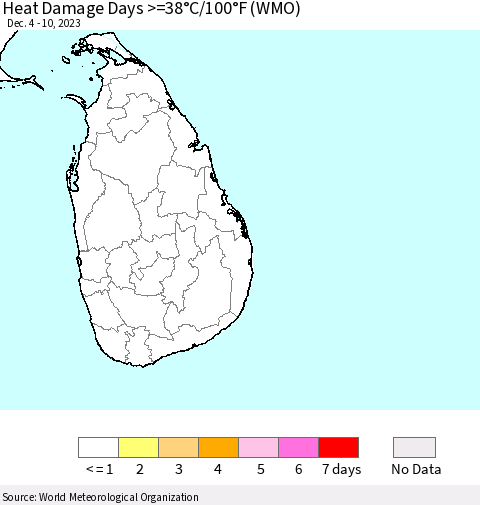 Sri Lanka Heat Damage Days >=38°C/100°F (WMO) Thematic Map For 12/4/2023 - 12/10/2023