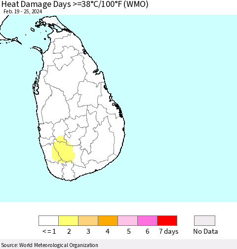 Sri Lanka Heat Damage Days >=38°C/100°F (WMO) Thematic Map For 2/19/2024 - 2/25/2024