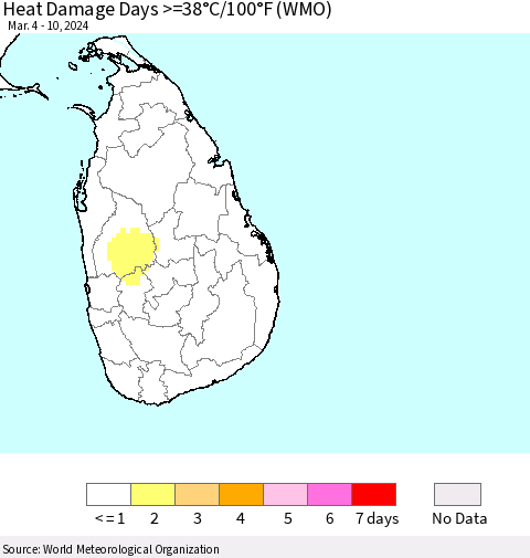 Sri Lanka Heat Damage Days >=38°C/100°F (WMO) Thematic Map For 3/4/2024 - 3/10/2024