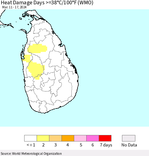 Sri Lanka Heat Damage Days >=38°C/100°F (WMO) Thematic Map For 3/11/2024 - 3/17/2024