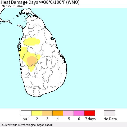 Sri Lanka Heat Damage Days >=38°C/100°F (WMO) Thematic Map For 3/25/2024 - 3/31/2024