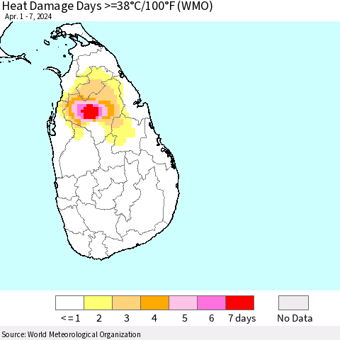 Sri Lanka Heat Damage Days >=38°C/100°F (WMO) Thematic Map For 4/1/2024 - 4/7/2024