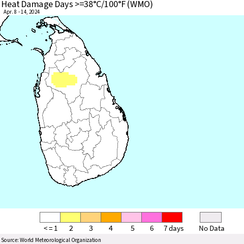 Sri Lanka Heat Damage Days >=38°C/100°F (WMO) Thematic Map For 4/8/2024 - 4/14/2024