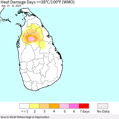 Sri Lanka Heat Damage Days >=38°C/100°F (WMO) Thematic Map For 4/15/2024 - 4/21/2024