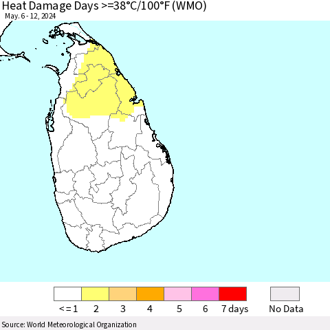 Sri Lanka Heat Damage Days >=38°C/100°F (WMO) Thematic Map For 5/6/2024 - 5/12/2024