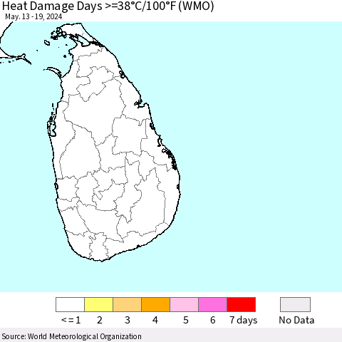 Sri Lanka Heat Damage Days >=38°C/100°F (WMO) Thematic Map For 5/13/2024 - 5/19/2024
