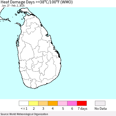Sri Lanka Heat Damage Days >=38°C/100°F (WMO) Thematic Map For 1/27/2025 - 2/2/2025