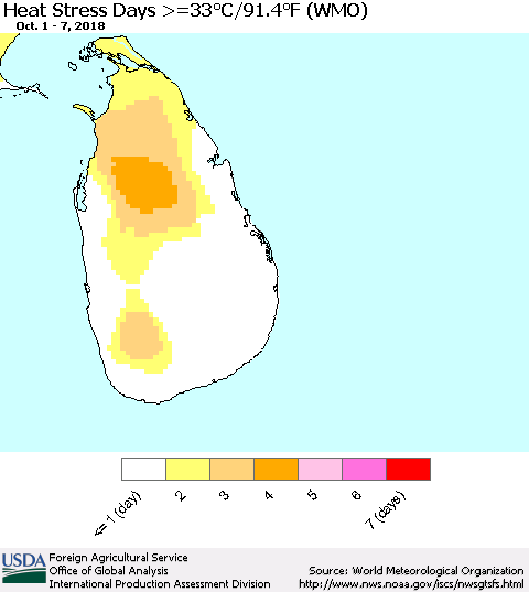Sri Lanka Heat Stress Days >=35°C/95°F (WMO) Thematic Map For 10/1/2018 - 10/7/2018