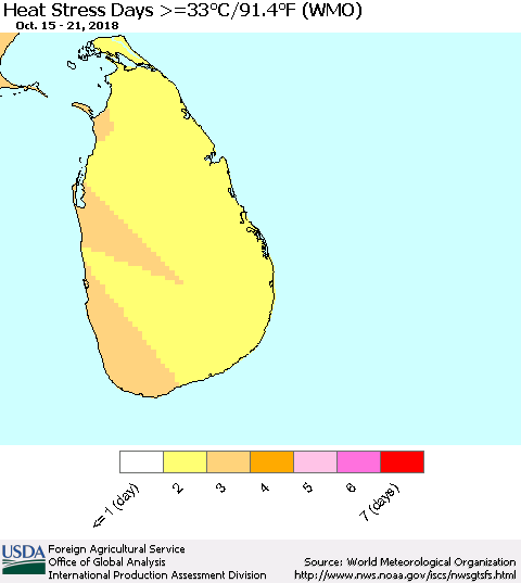 Sri Lanka Heat Stress Days >=35°C/95°F (WMO) Thematic Map For 10/15/2018 - 10/21/2018