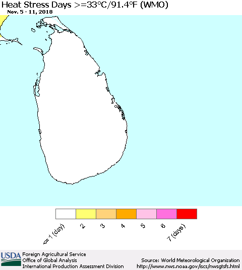 Sri Lanka Heat Stress Days >=35°C/95°F (WMO) Thematic Map For 11/5/2018 - 11/11/2018