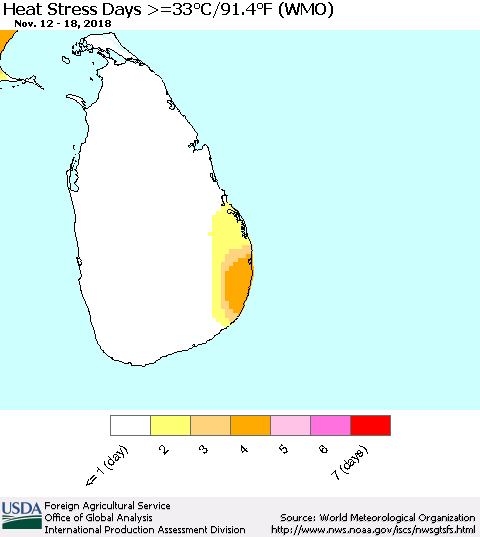 Sri Lanka Heat Stress Days >=35°C/95°F (WMO) Thematic Map For 11/12/2018 - 11/18/2018