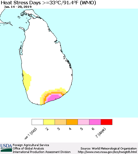 Sri Lanka Heat Stress Days >=35°C/95°F (WMO) Thematic Map For 1/14/2019 - 1/20/2019