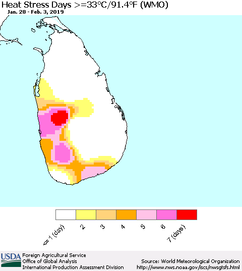 Sri Lanka Heat Stress Days >=35°C/95°F (WMO) Thematic Map For 1/28/2019 - 2/3/2019