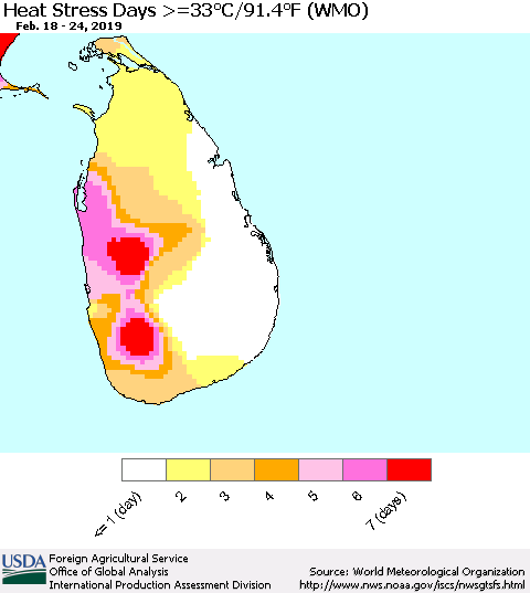 Sri Lanka Heat Stress Days >=35°C/95°F (WMO) Thematic Map For 2/18/2019 - 2/24/2019