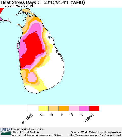 Sri Lanka Heat Stress Days >=35°C/95°F (WMO) Thematic Map For 2/25/2019 - 3/3/2019