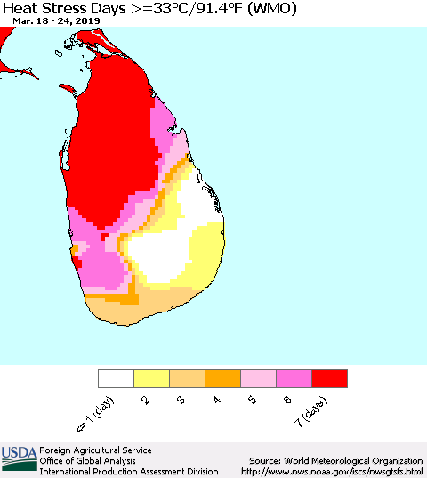 Sri Lanka Heat Stress Days >=35°C/95°F (WMO) Thematic Map For 3/18/2019 - 3/24/2019