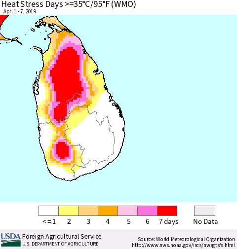 Sri Lanka Heat Stress Days >=35°C/95°F (WMO) Thematic Map For 4/1/2019 - 4/7/2019