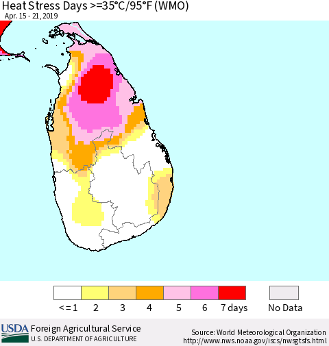 Sri Lanka Heat Stress Days >=35°C/95°F (WMO) Thematic Map For 4/15/2019 - 4/21/2019