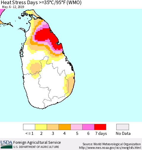 Sri Lanka Heat Stress Days >=35°C/95°F (WMO) Thematic Map For 5/6/2019 - 5/12/2019