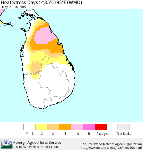 Sri Lanka Heat Stress Days >=35°C/95°F (WMO) Thematic Map For 5/20/2019 - 5/26/2019
