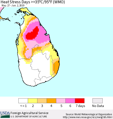 Sri Lanka Heat Stress Days >=35°C/95°F (WMO) Thematic Map For 5/27/2019 - 6/2/2019