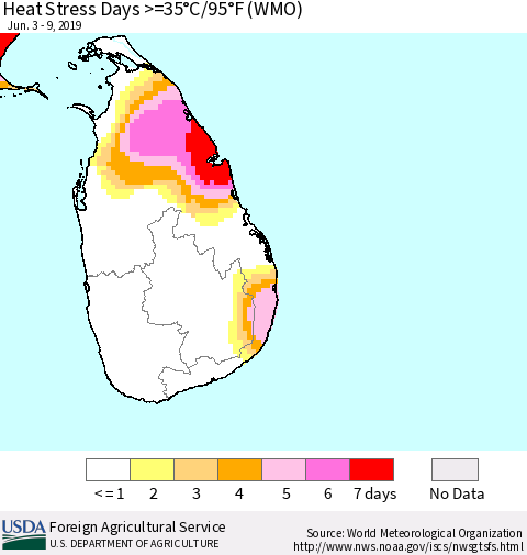 Sri Lanka Heat Stress Days >=35°C/95°F (WMO) Thematic Map For 6/3/2019 - 6/9/2019