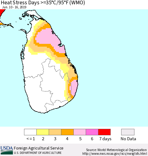 Sri Lanka Heat Stress Days >=35°C/95°F (WMO) Thematic Map For 6/10/2019 - 6/16/2019