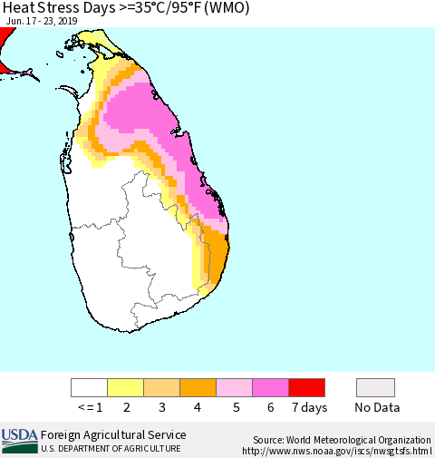 Sri Lanka Heat Stress Days >=35°C/95°F (WMO) Thematic Map For 6/17/2019 - 6/23/2019